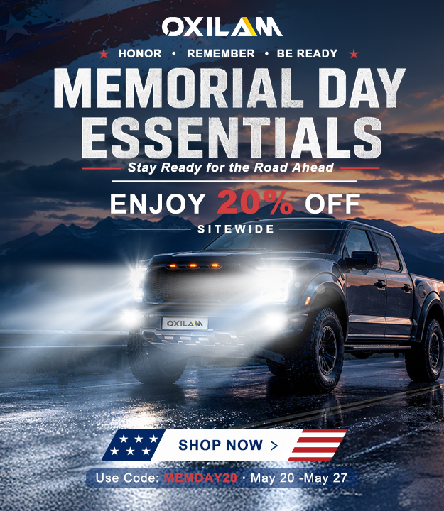 OXILAM Memorial Day Sale banner with American flag colors, honoring fallen heroes